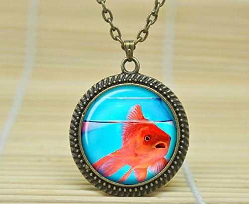 Fashion Jewelry Gold Fish Pendant Gold Fish Necklace Gold Fish Jewelry Nature Glass Cabochon Necklace A2261