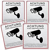 Videoüberwachung Schild Privatgrundstück(15x15cm),4 Stücke Achtung Videoüberwachung Schild,Schilder Videoüberwachung,mit 4 Bohrlöcher,für Überwachungskamera Oder Kamera Attrappe (Aluminium Gebürstet)