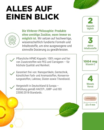 vit4ever Liposomales Vitamin C - 240 vegane Kapseln - Premium: Hochdosiert mit 1000mg reinem Vitamin C pro Tag - Besonders hohe Bioverfügbarkeit