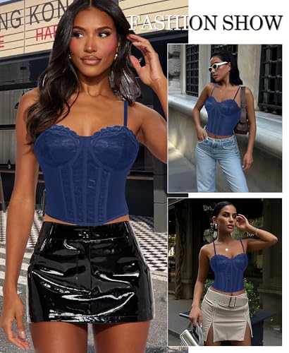 Image of Lace Corset Tops for Women Sexy Going Out Bustier Top Sleeveless Adjustable Straps Crop Tops with Back Hooks