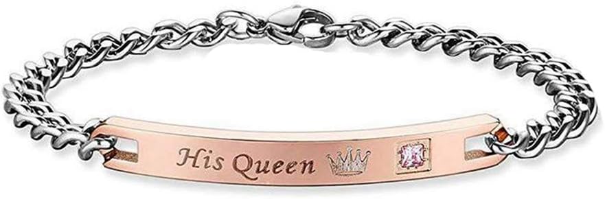 4EAELove His & Her Couple Bracelet Matching Set Engraved Wrist Bangles Titanium Stainless Steel Crystal Best Idea Gifts Present (Women/His queen)