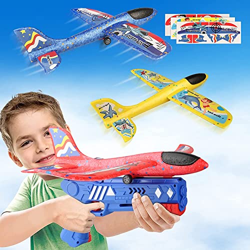 SOUDD Avion Polystyrene Jouet, 3pcs Avion Jouet Mousse avec Pistolet Catapulte, Planeur Volant Jeu de Lancer, Enfant Anniversaire Extérieur Jardin Interactif Enfant Garçon Fille 3 4 5 6 7 8 9 10 Ans