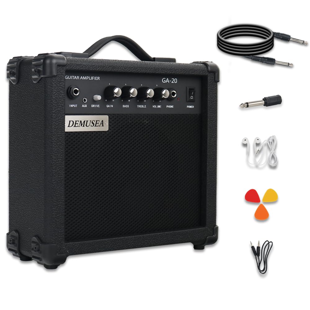 Electric Guitar Amplifier 20w Guitar Amp Starter Beginner Practice Small Portable Travel Headphone Aux Distortion Gain Treble Bass Volume Noiseless Cable Adapter Pick Aux Cable Earphone (BK)