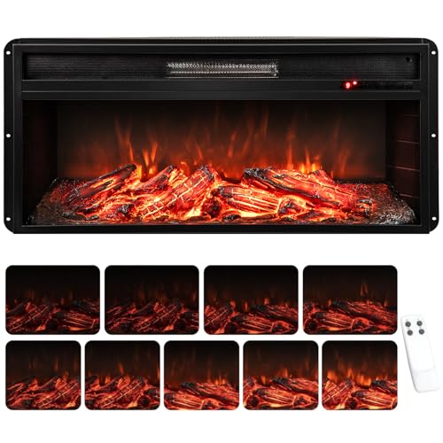COSTWAY 36”/91cm Electric Fireplace, Recessed Freestanding Fire Heater with 1 Flame Color, 9 Brightness, Thermostat, Timer, Remote Control & Overheat Protection (36”, 900W/1800W, with Logs)