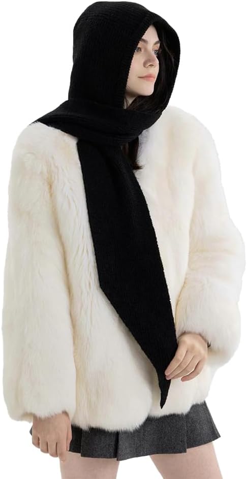 Halemet Women Knit 2-in-1 Hat and Scarf Winter Hat Scarf for Women Warm Shawl Wrap with Hood Balaclava Cap Poncho Neck Warmer