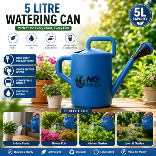 Image of Garden Watering Can, Blue Plastic Watering Can - 5 Litre, Plant Watering Sprinkler Can for Home Gardeners