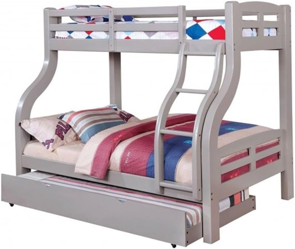 BOWERY HILL Twin Over Full Wooden Bunk Bed, Gray Finish, Solid Wood and Wood Veneer, 80.38" L x 56.5" W x 70.63" H, Transitional Style with Ladder and Safety Rails for Kids or Guest Bedroom