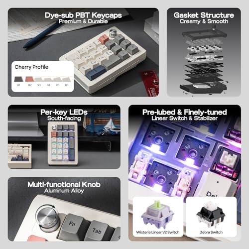 Image of EPOMAKER EK21 VIA Gasket Number Pad w / 1000mAh Battery, BT 5.0 /2.4GHz /Wired | Hot-Swap Numpad with Aluminum Alloy knob, Programmable for Win /Mac /Gaming (Retro White, Zebra Switch)