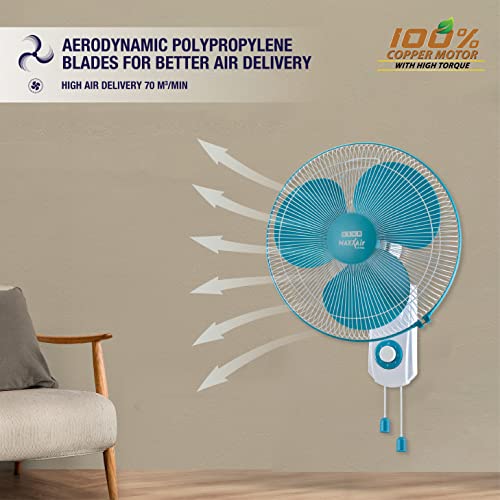 USHA Maxx Air Ultra Wall Fan | 400MM Sweep Size | 1350_RPM | Aerodynamic Blade Design for High Air Delivery | Anti - Rust Protection | 100% Copper Motor | 2 Year Warranty | Light Blue view 2