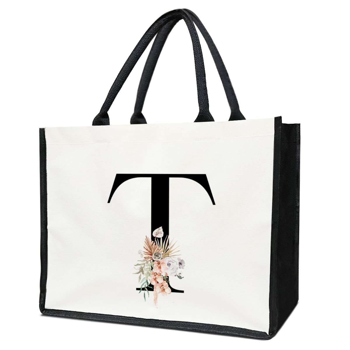 lamocho F Initial Floral Bag, Personalized Tote Bags For Women, Monogrammed Gifts For Women, Canvas Tote Grocery Bag-ZM19