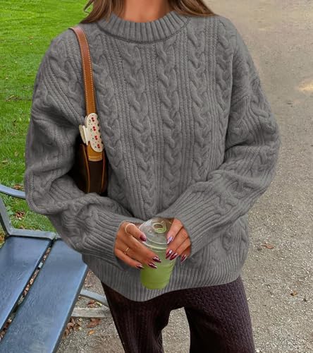 Okiwam Women's Oversized Sweaters Crewneck Cable Knit Pullover Casual Loose Fall Outfits Fashion Clothes 2025
