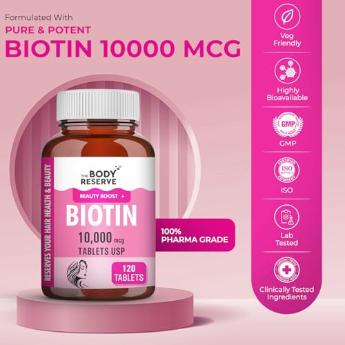 Image of The Body Reserve Biotin 10000mcg 120 Veg Tabs, Biotin Tablets For Hair, Skin & Nails, Hair Vitamins biotin Supplement For Men & Women 4 Month's Supply Pack