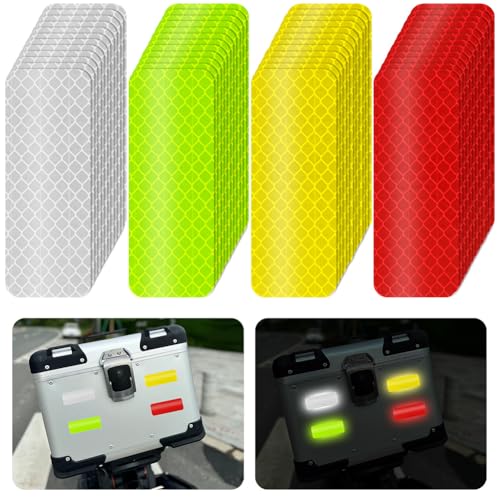 Adiwo 48 STK Warnung Reflektierende Aufkleber, 8 x 3 cm Selbstklebend Reflektor Aufkleber, für Fahrräder, Kinderwagen, Schulranzen, Rucksack, Roller, Helme(Silber,Gelb,Rot,Grün)