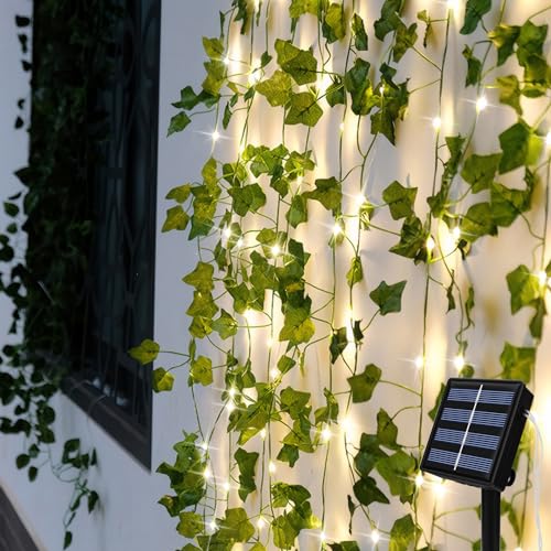Guirnaldas Luces Exterior Solar, 7m 50 LED Luces de Hiedra Artificial, 8 Modos Guirnalda Enredaderas Artificiales Decorativas Impermeable, Cadena Hojas Decoración para Jardín Navidad Bodas Festival