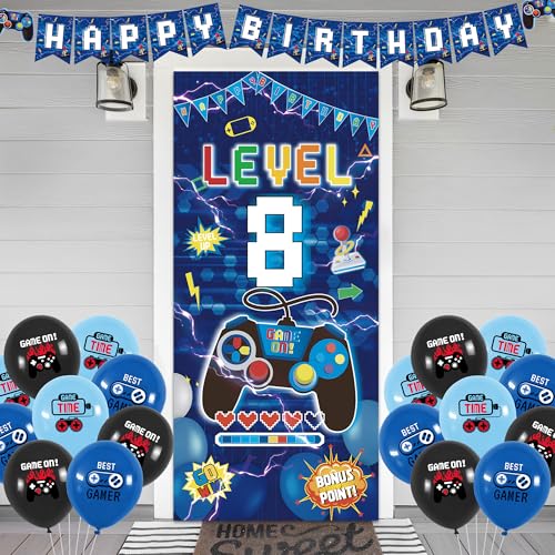Image of Vlipoeasn Blue 8th Birthday Decorations for Boys, Video Game Level 8 Banner Backdrop Hanging Swirls for 8th Birthday Party, Gamer 8 Years Old Party Supplies