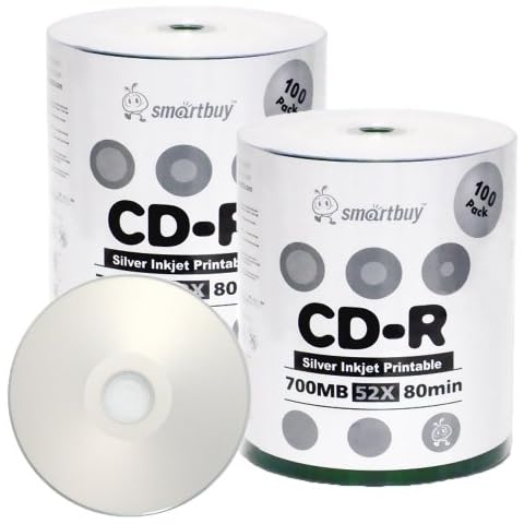 Smartbuy 700mb/80min 52x CD-R Silver Inkjet Hub Printable Blank Recordable Media Disc (200-Disc) Cover