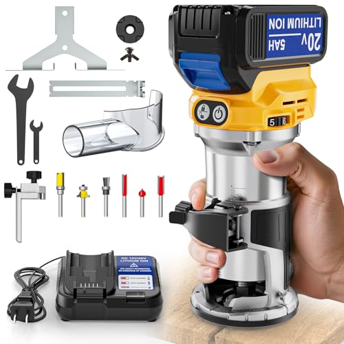 Cordless Compact Router Compatible with Dewalt 20V Battery, With 1 x 5.0Ah Rechargeable Battery, 6 Pcs Router Bits for Woodworking, Router With Trim Bits, Edge & Roller Guide