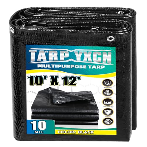 TA*RP YXCN Black Tarp 10x12 Feet 10 Mil Thick Waterproof Poly Tarps Cover UV Resistant Rip & Tear Proof with Metal Grommets Every 20 Inches