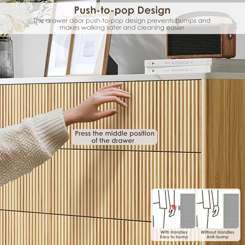 Image of Airynee Fluted 6 Drawers Dresser for Bedroom,52 inch Wide Handleless Chest of Drawers with Faux Marble Top, Wooden Dresser TV Stand, Wood Drawer Organizer for Living Room, Hallway, Natural Oak