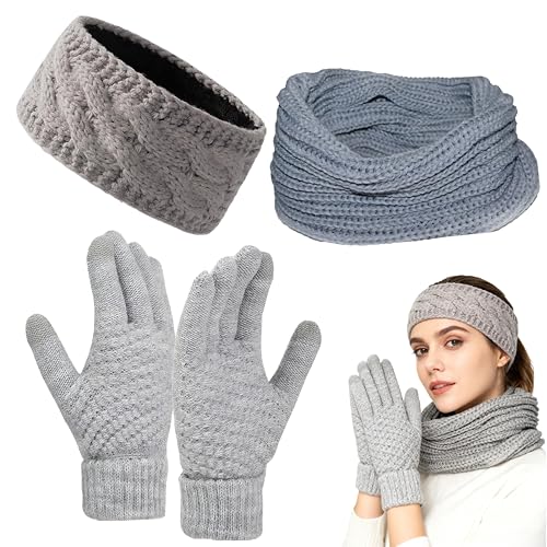 Mütze und Schal Set Damen 3-teilig Grau Winterset für Frauen mit Stirnband Handschuhen und Rundschal weich warm elastisch ideal für Outdoor Sport Alltag Geschenk