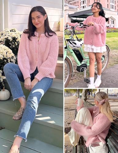 Image of Women's Casual Puff Long Sleeve Crew Neck Cardigan Button Down Open Front Knit Loose Sweater Outwear
