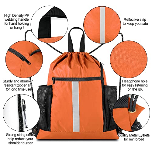 Image of BeeGreen Orange Drawstring Backpack Bag Cinch Sack with Shoe Compartment and Two Side Mesh Pockets Lightweight Large Sturdy Drawstring Gym Sackpack For Unisex