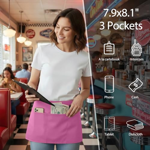 Image of BOHARERS Pink Waitress Apron for Women with 3 Pockets - Durable Server Aprons for Restaurant Waterproof Oilproof