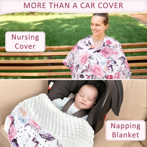 Image of Baby Car Seat Cover, Breathable Infant Carseat Cover for Summer Peekaboo Opening Car Seat Canopy Cover, Nursing Cover for Baby Boys Girls (Pink Floral)