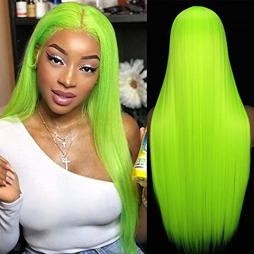 PORSMEER Perruque Cheveux Longs Raides pour Femmes/Filles Cheveux Synthétiques Naturels Perruque Fête/Costume Perruque Vert Fluo Cover