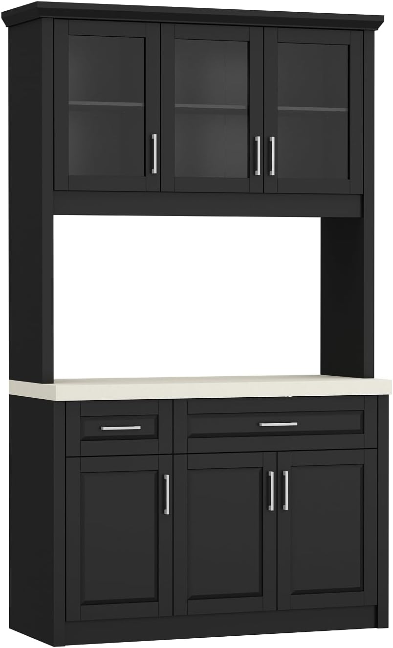 Tall Kitchen Pantry Cabinet with Hutch and Drawers, Pantry Storage Cabinet with Glass Doors & Shelves, Cupboard with Beige Countertop Marble Grain, Black 47.6”W x 18.7”D x 82.7”H