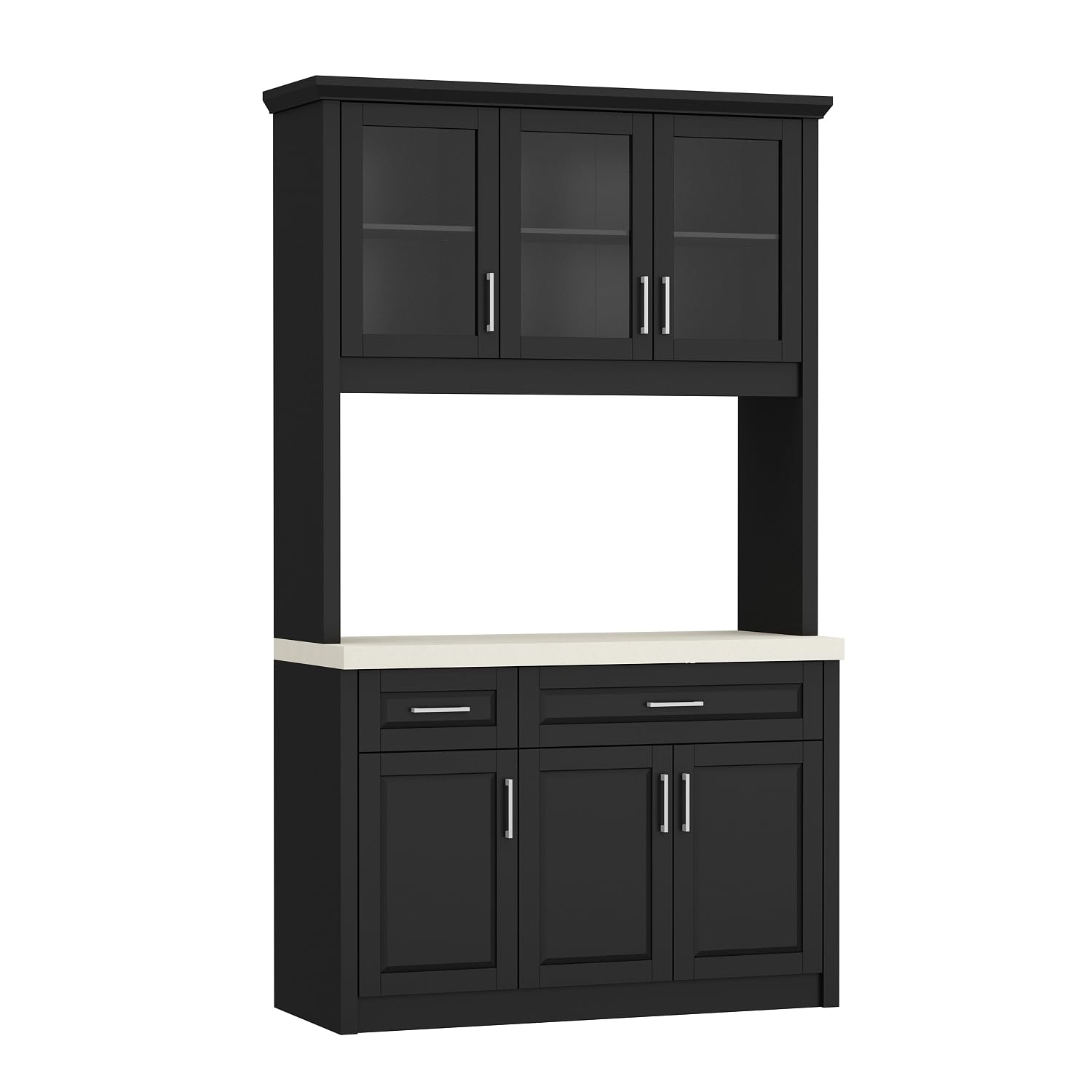 Tall Kitchen Pantry Cabinet with Hutch and Drawers, Pantry Storage Cabinet with Glass Doors & Shelves, Cupboard with Beige Countertop Marble Grain, Black 47.6”W x 18.7”D x 82.7”H