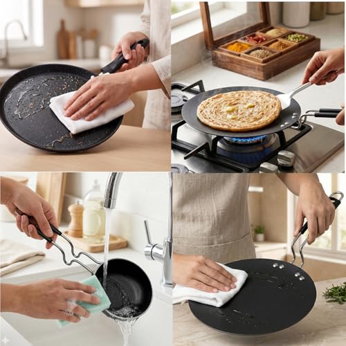Image of DOZY Non-Stick Cookware Set of 5 | Kadai, Tawa, Frying Pan, Tadka Pan | Grey & Black | Marble Finish | Bakelite Handle | Gas and Induction Cookware Set