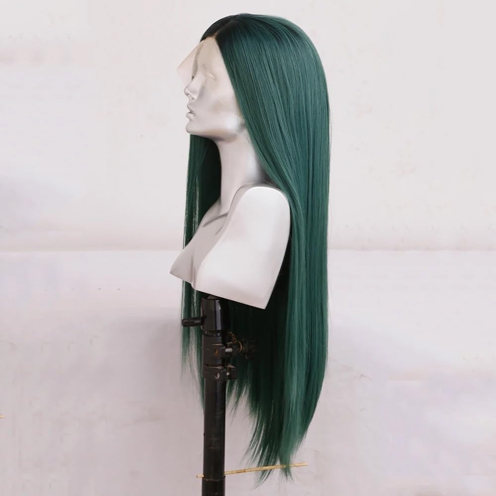 Zielone długie proste peruki dla kobiet środkowe naturalne włókna syntetyczne peruki na imprezę cosplay pełna peruka (61 cm)
