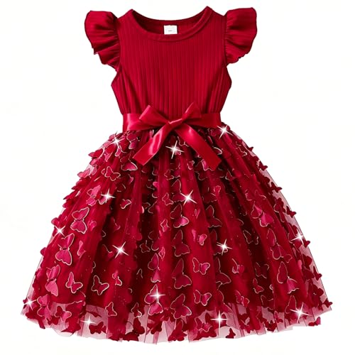 Image of JiAmy Girls Tulle Dress 3D Butterfly Applique Ruffle Sleeve Summer Casual Princess Dresses for Toddler Kids 5-6 Years,Wine red