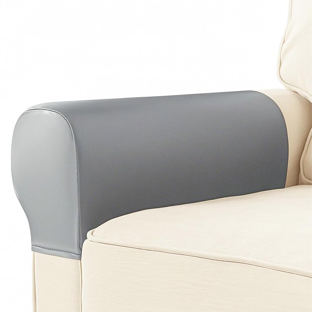 GORGECRAFT 2Pcs Faux Pu Leather Look Couch Arm Covers Gray Waterproof Imitation Leather Vintage Stretch Arm Rest Covers for Sofa Chair Protectors Stretch Armchair Slipcovers Protector