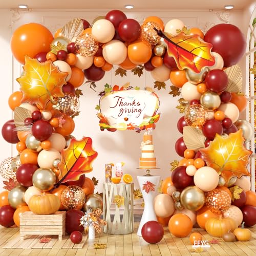 Image of Orange Balloon Arch Kit Fall Thanksgiving Garland with Leaf Foil Ballons