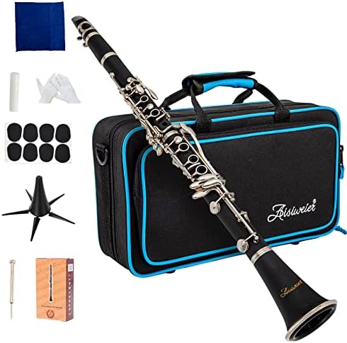 Aisiweier B-Flat Clarinet Black Ebonite Clarinet For Student Beginner, With Nickel-plated Keys,Belt, Joint Grease, White Gloves, Soft Polishing Cloth, 8 Mouthpiece Cushion, Hard clarinets