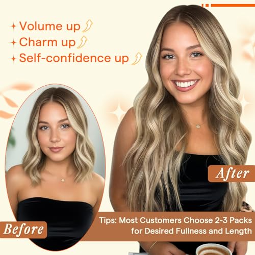 Image of Full Shine Butterfly Weft Hair Extensions Human Hair 16 Inch 50G | Balayage Olive Brown to Ash Brown with Blonde Highlights, Double Sided Weft, Invisible Micro Beads, Human Hair, Seamless Fit