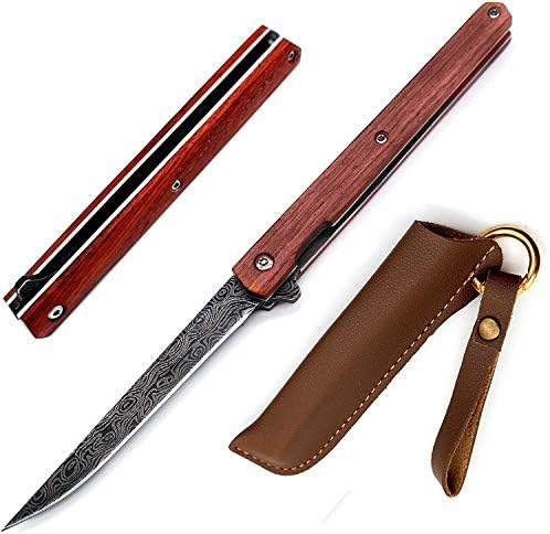 Carimee Folding Pocket Knife Outdoor Knife Tactical Knife Flipping Knife Gentleman EDC Knives Bearing Folding Knife with Leather Sheath Sandalwood Handle- 4''- Curved Blade