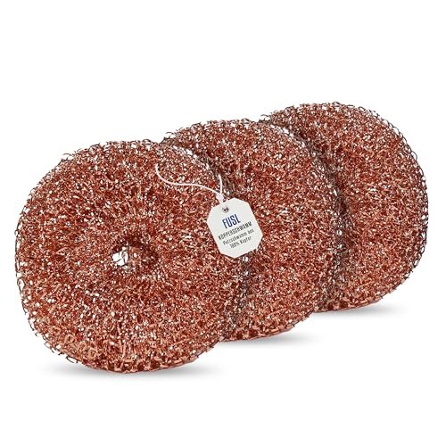 FUSL Spugna in rame antigraffio, 3 pezzi - Spugna antibatterica per una pulizia senza graffi - per acciaio inossidabile, ceramica, vetro, vetroceramica e altro - resistente e igienica