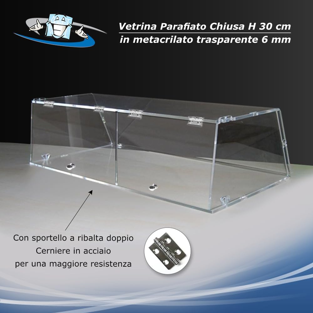 Vetrina da banco in plexiglass trasparente per alimenti H 30 cm aperta o chiusa su 3 lati disponibile con o senza sportello
