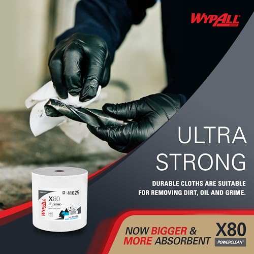 Image of WypAll PowerClean X80 Cloths Heavy Duty Wipes (41025), Jumbo, Extended Use Towels, White (1 Roll of 455 Sheets, 455 Sheet Total)