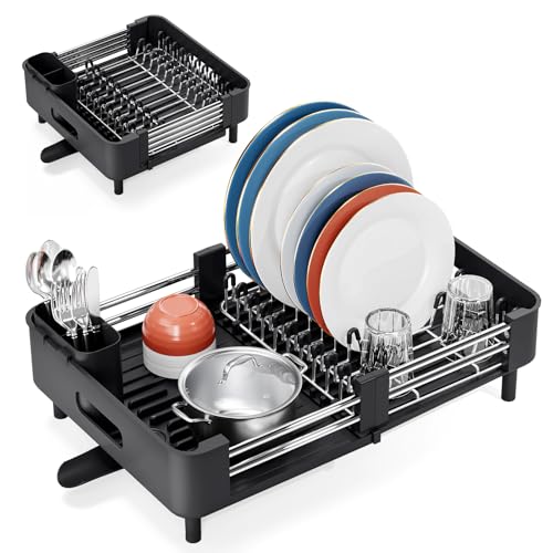 KINGRACK Abtropfgestell Geschirr, Erweiterbares Abtropfgestell für Küchentheke, Faltbares Edelstahl Geschirrabtropfgestell mit Abnehmbarem Besteckhalter, Kratzfestem Teller-Gestell, Schwarz
