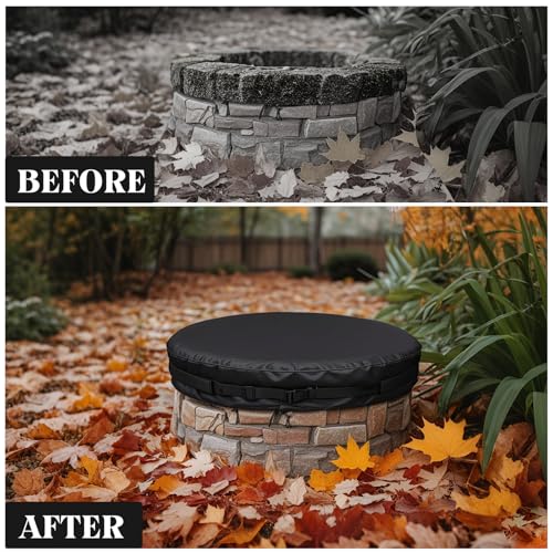 51-74.8" Round Fire Pit Cover Heavy Duty 600D Oxford Waterproof Outdoor Firepit Cover with Adjustable Buckle Strap for In-Ground Built-In Stone/Gas Fire Pits (BLACK, 51") by HAMTRED - Used condition - Image 3