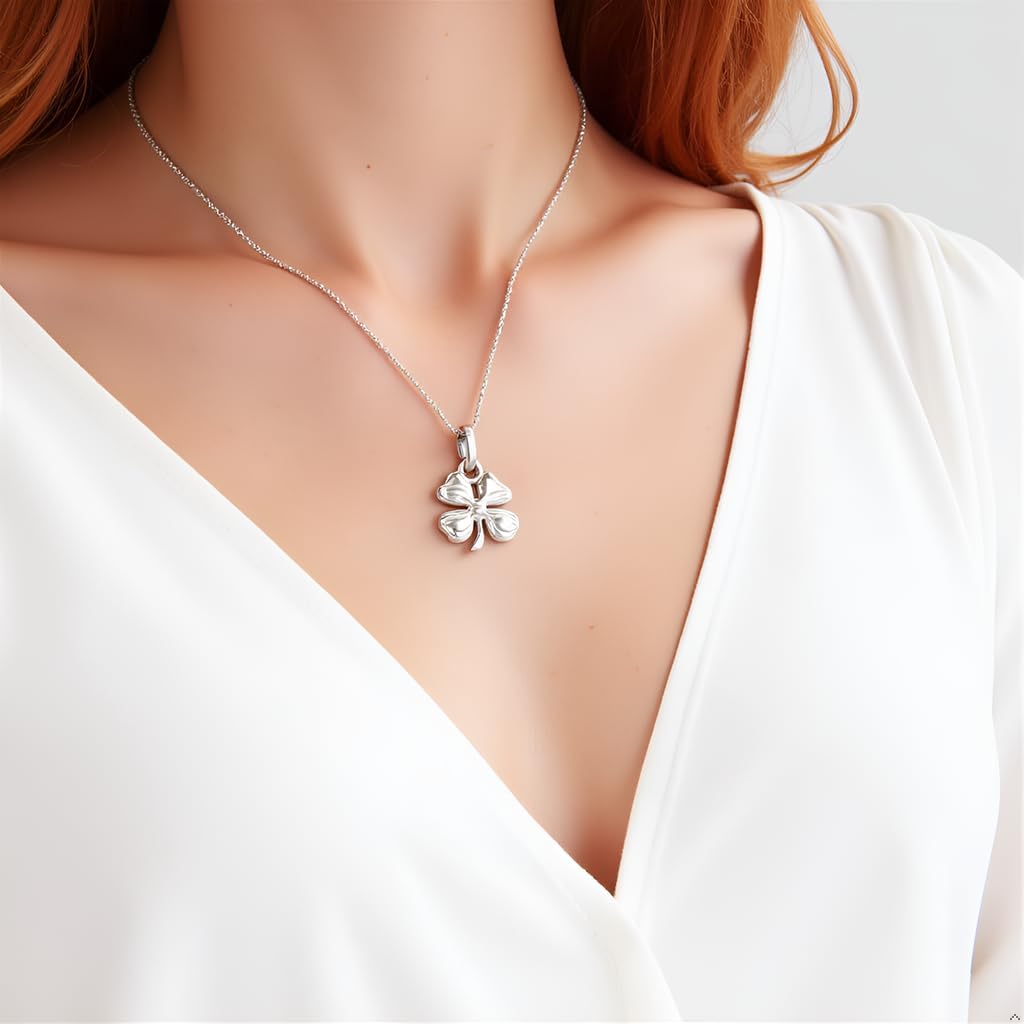 925 Sterling Silver Four Leaf Clover Necklace - Rhodium Plated Shining Mirror Finish Shamrock Pendant with 20" Inch Chain - Good Luck Charm - Irish Jewelry for Women - Handmade - Image 3