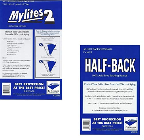 Bundle - 2 Items: 50 Mylites2 Standard Size Mylar Archival Sleeves 50 Half Back Standard Size 24 Pt. Comic Backing Boards 725M2/700HB E. Gerber