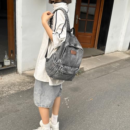 Teclado Denim Backpack Casual Bookbags Lightweight Laptop Bag Outing Travel Daypacks (Grey)3