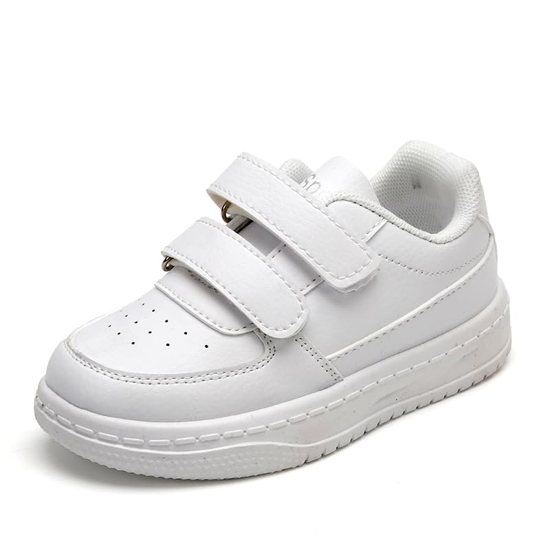 Kids White Sneakers with Hook and Loop Straps, Perforated Design, Non-Slip Sole