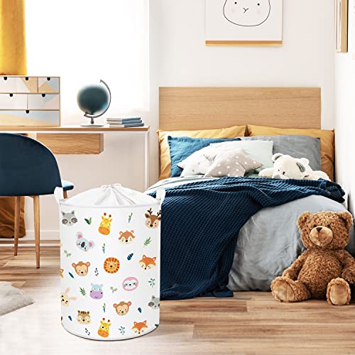 Clastyle 45L Cartoon Animal Headshots Collapsible Childrens Laundry Hamper Waterproof Deer Rabbit Koala Laundry Basket With Drawstring For Bedroom, 14.2 * 17.7 In #TOP3