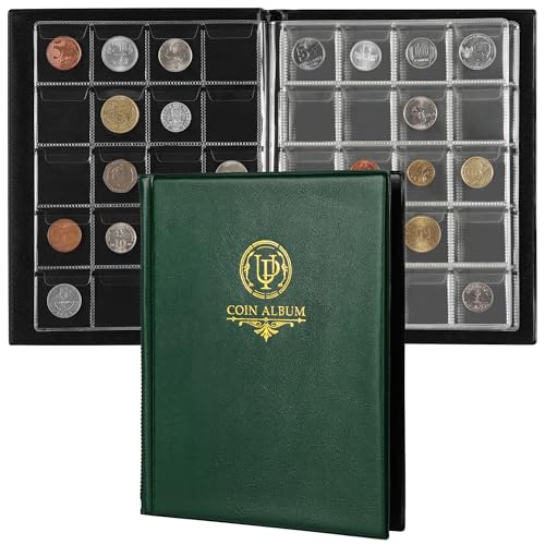 200 Pockets Coin Album - Coin Collecting Book with 10 Pages 33x33 mm Grid Holder for Pounds Pence Cents Dollars Nickel (Green) CS48200GR